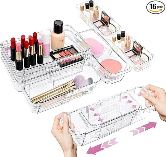 16 Pcs Extendable Clear Drawer Organizer, All Adjustable Vanity Storage Box, 2-Size Desk Drawer Organizer, Durable Storage Bins for Makeup, Cosmetic, Bedroom Dressers Tool Organizer for Gadgets
