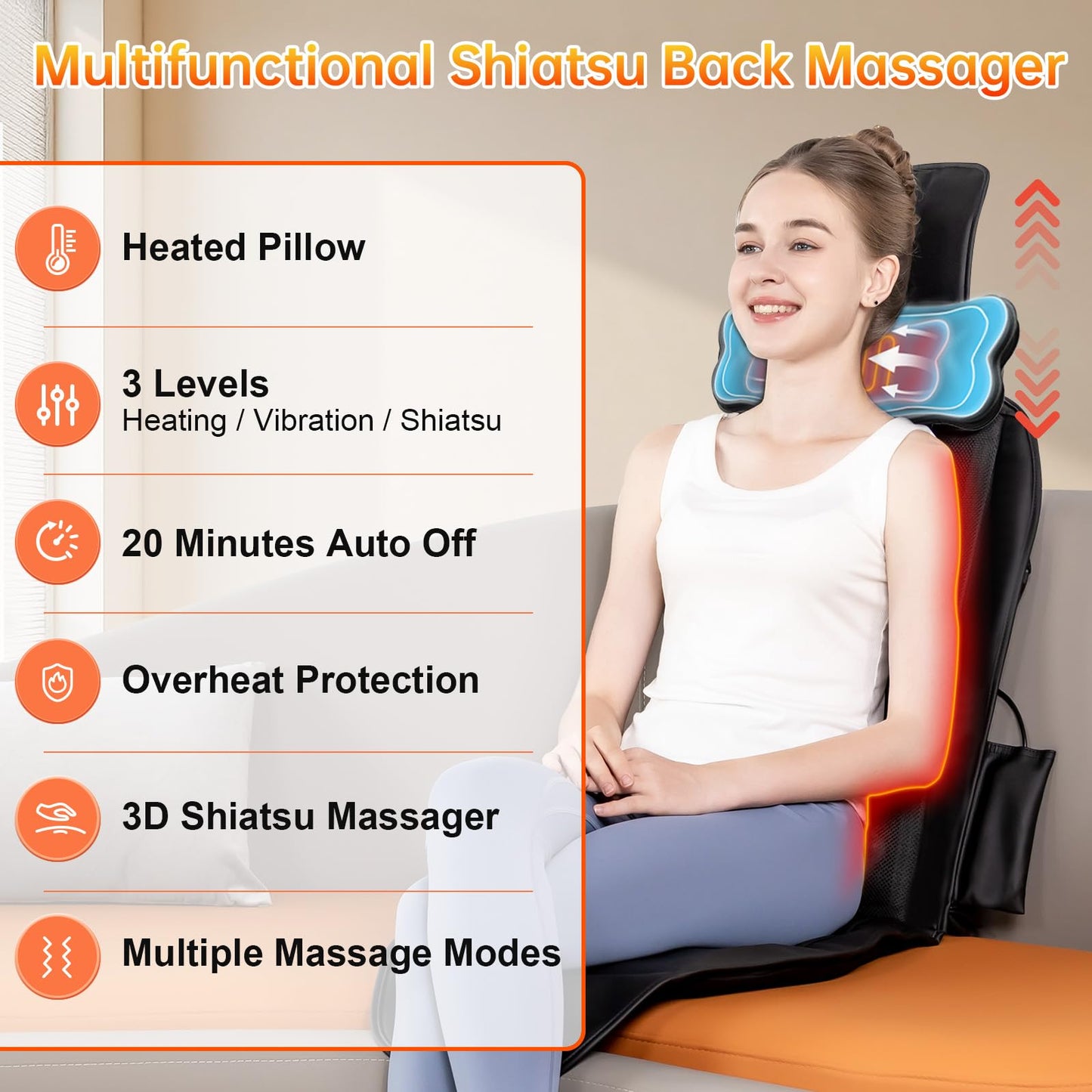 comrelax Shiatsu Back Massager with Heat, Massage Chair Pad for Full Back, Chair Massager with Neck Support Suitable for Office/Home/Father/Mother