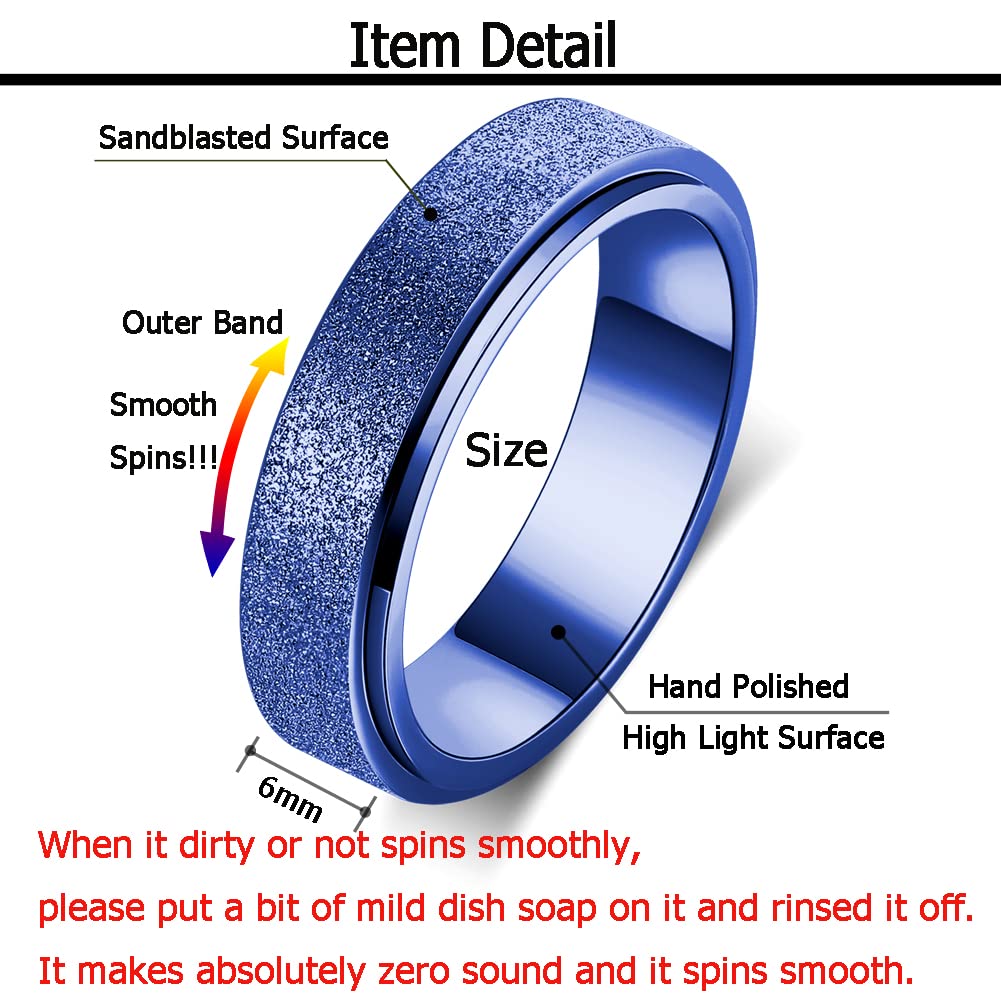 Anxiety Ring for Women Fidget Spinner Ring Fidget Toys Adults Titanium Stainless Steel Thumb Ring 6mm Wide Blue Size 8