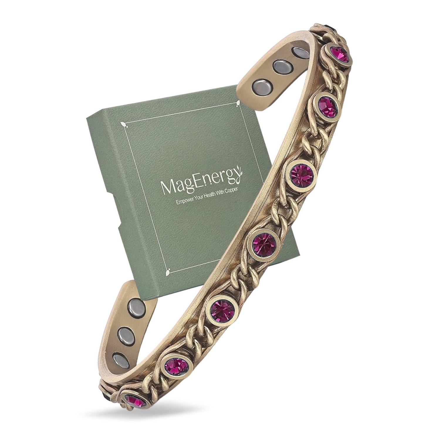 MagEnergy Handmade Copper Bracelet with Braided Twisted Wire & Emerald CZ Stones, Copper Magnetic Cuff for Women, Adjustable Bangle & Wellness Jewelry Gift（Gold&Rose Red）