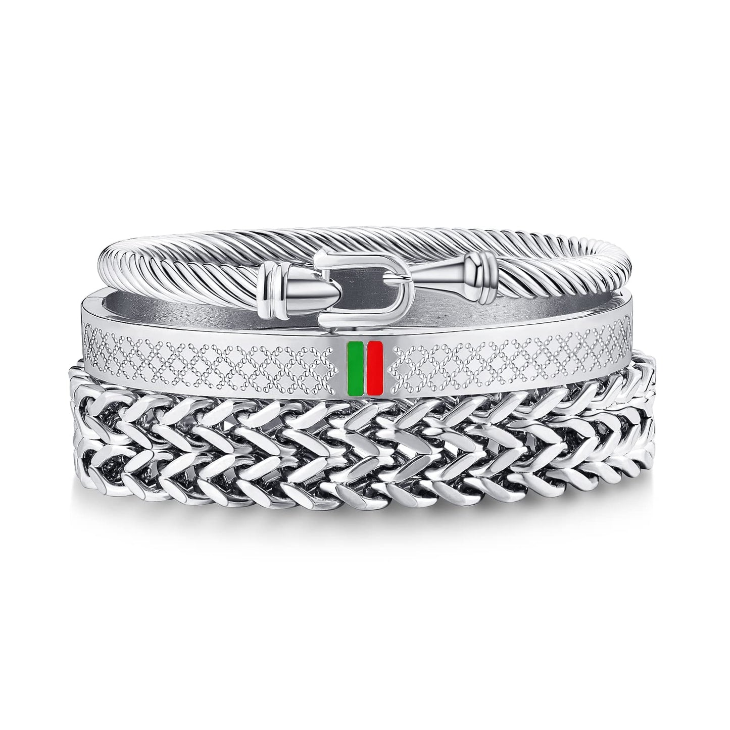 WFYOU 3PCS Stainless Steel Bracelets for Men Gold Roman Numeral Bangle Bracelet Twisted Cable Bracelet Adjustable Cuff Bracelet Mens Luxury Jewelry Bracelets Gifts(K:Silver)