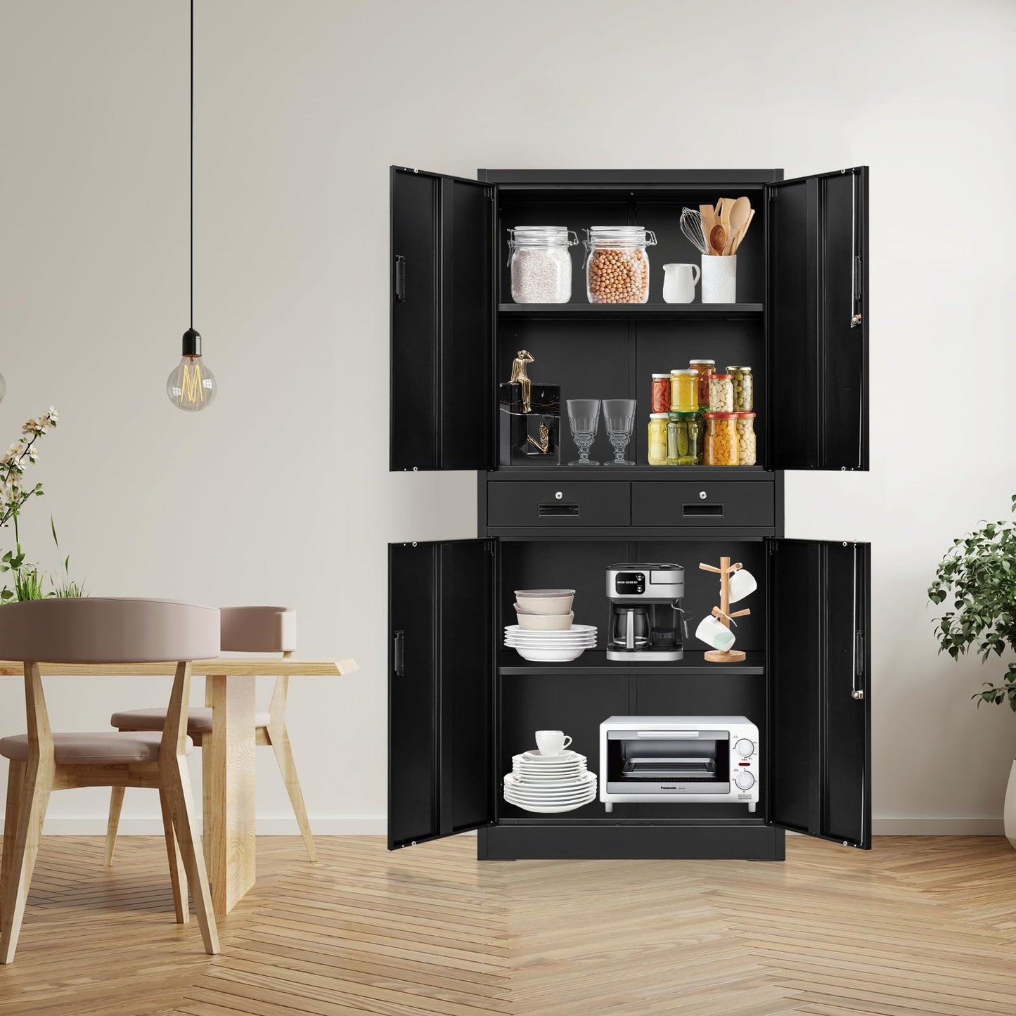 Wanfu Metal Storage Cabinet, 71" Locking Storage Cabinet with Adjustable Shelves and 2 Drawers, Steel Cabinets for Office, Garage, Home, School, Utility Room(Black)