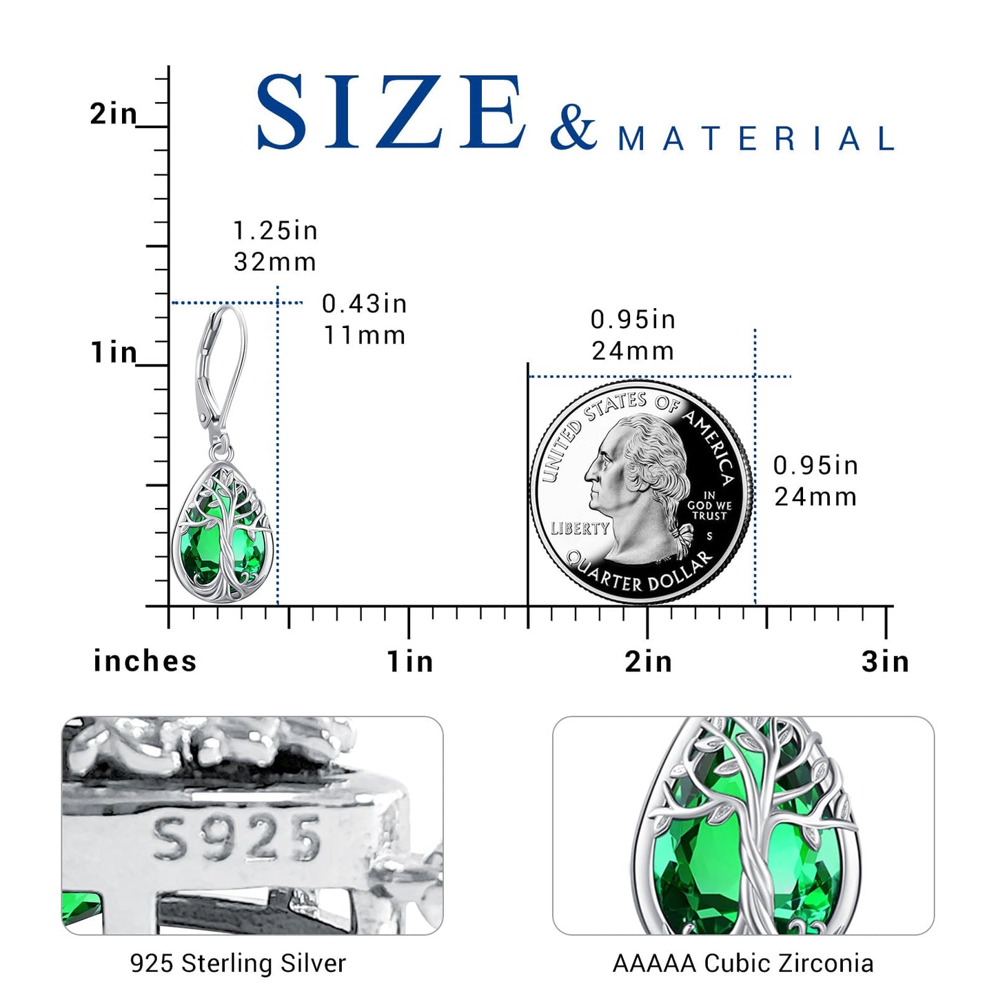 Eusense Tree of Life Earrings 925 Sterling Silver Dangle with May Birthstone Emerald Earring for Women Teardrop Leverback Sterling Silver Birthstone Jewelry Gift