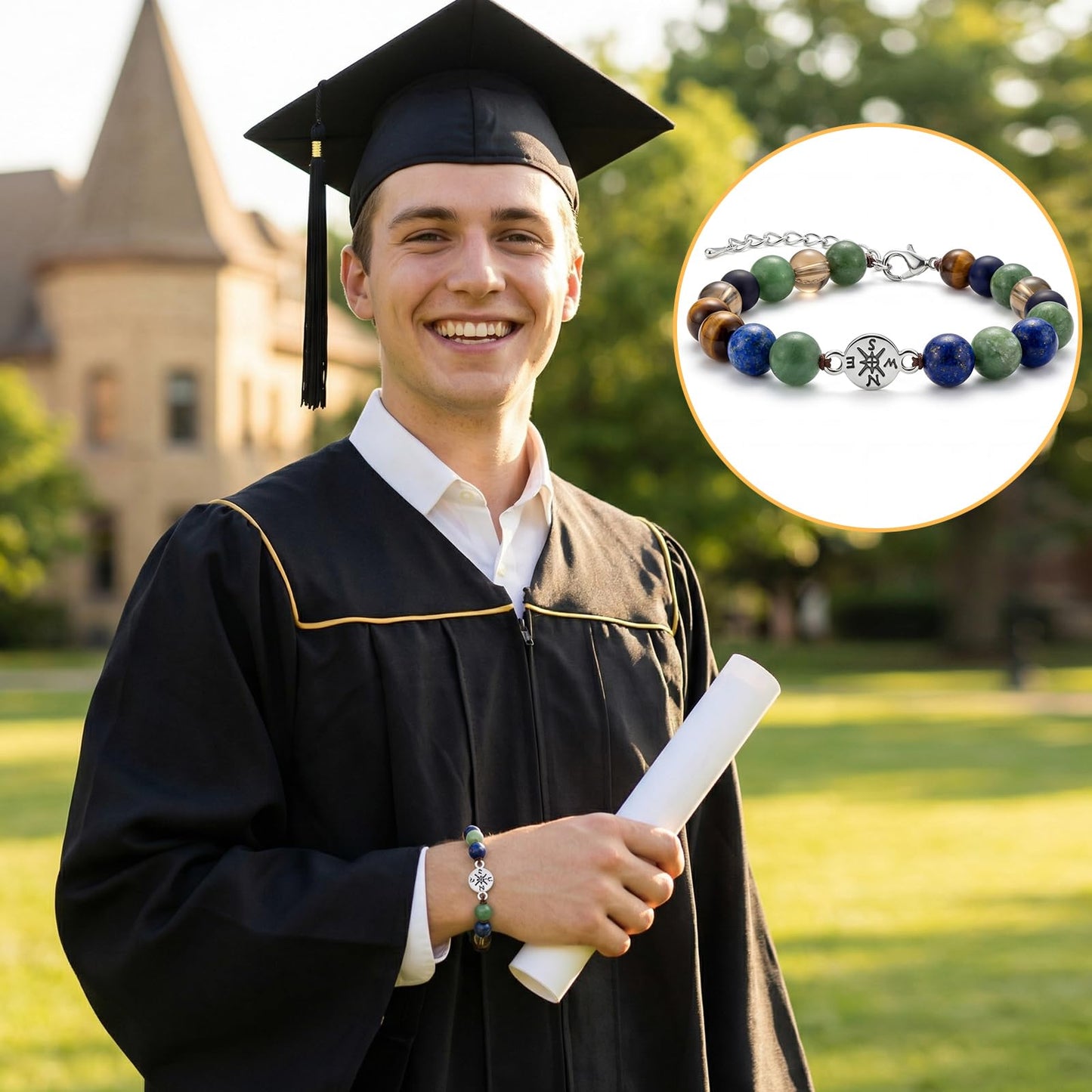 2026 Graduation Bracelet Gift Set for Her Him, 7 Chakra Bracelet & Matte Natural Stone Beaded Bracelet with Compass, Graduation Keychain, Inspirational Card & Gift Box for Middle High School Colle (Minimalist Matte)