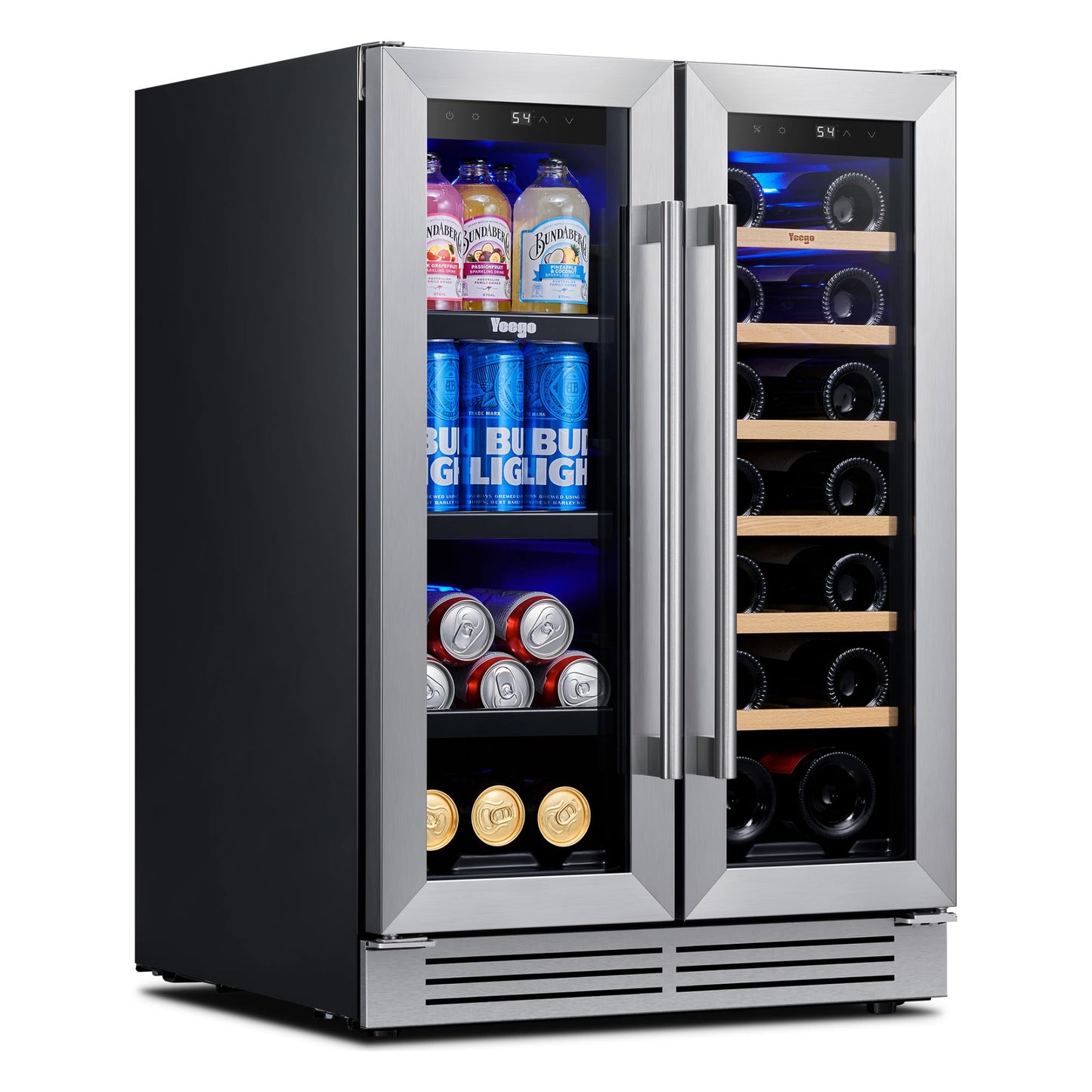 Yeego 24 Inch Wine and Beverage Cooler - 36-72°F, Holds 60 Cans & 20 Bottles Adjustable Shelves Beverage Fridge, Stainless Steel with glass Door for Built-in for Kitchen/Bar