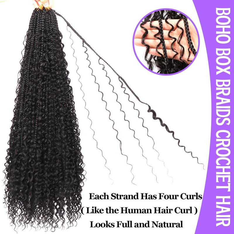 Goddess Box Braids Crochet Hair for Black Women-8 Packs 30 Inch Boho Crochet Braids Pre Looped with Curly Ends (1B Black, 30 inch(four curly hair))