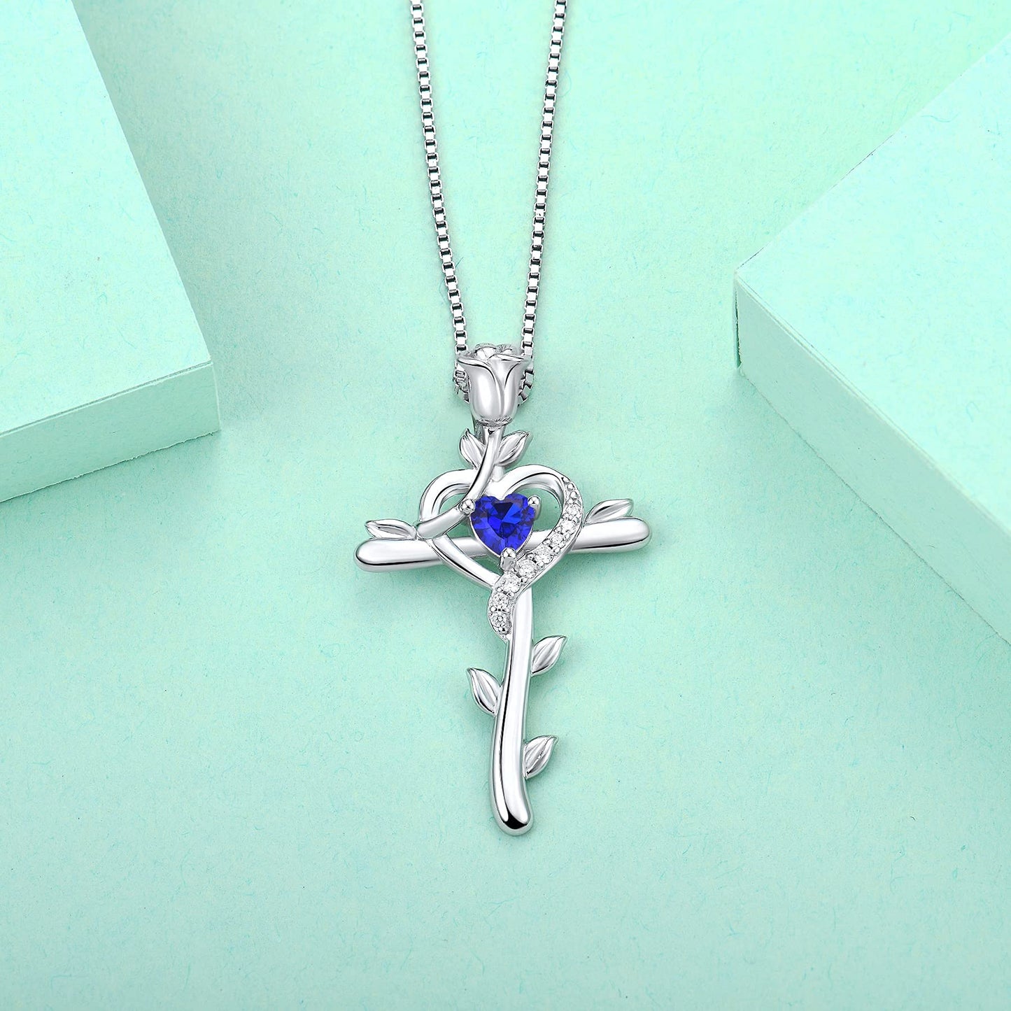 STARCHENIE Rose Cross Necklace 925 Sterling Silver Heart Crucifix Pendant Created Sapphire Jewelry for Women