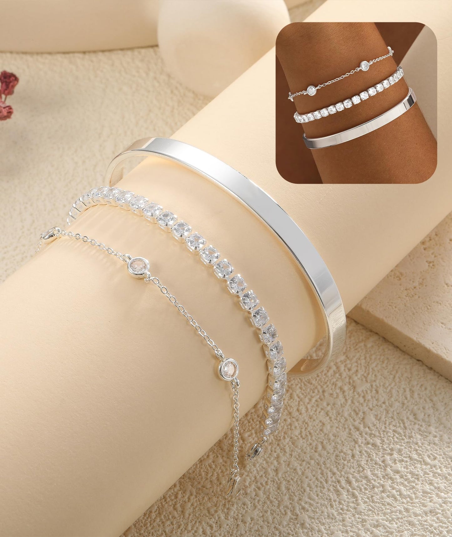 ZOERAY Silver Gold Bangle Bracelets for Women Non Tarnish 14k Gold Plated Stackable Cuff Bracelets for Women Trendy Cubic Zirconia Stainless Steel Chunky Bracelet Stack Set Waterproof Jewelry Gifts