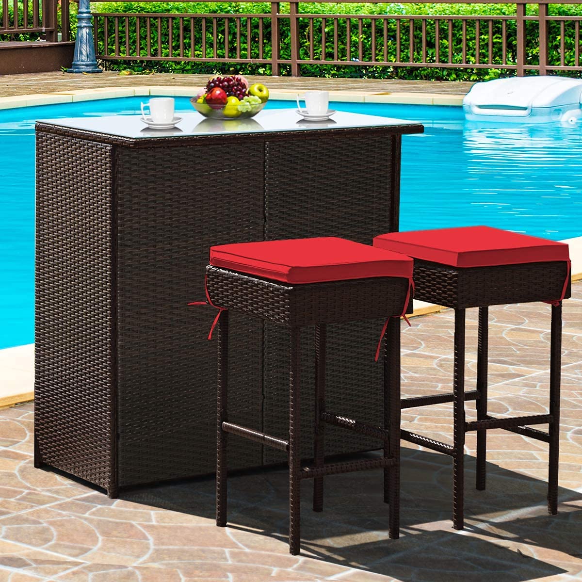 Giantex ReunionG Outdoor Patio Bar Set, 2 Cushions Stools & Glass Top Table, Bar Rattan Set 3-Piece Wicker Bar Stools & Table with 2 Storage Shelves for Lawn Pool Backyard Garden Porches (Red)