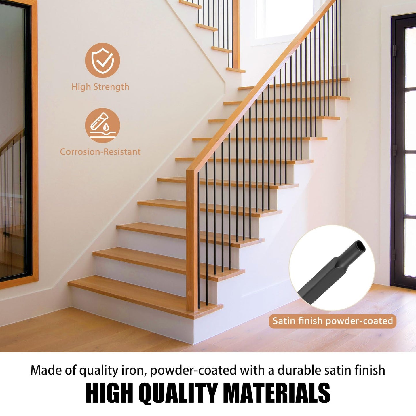 30 Pack 44'' Wrought Iron Balusters, Hollow Straight Bar Metal Baluster for Decks, Iron Balusters for Staircase Interior Decorative Stair Deck Railing 1/2-inch Satin Black Deck Spindles