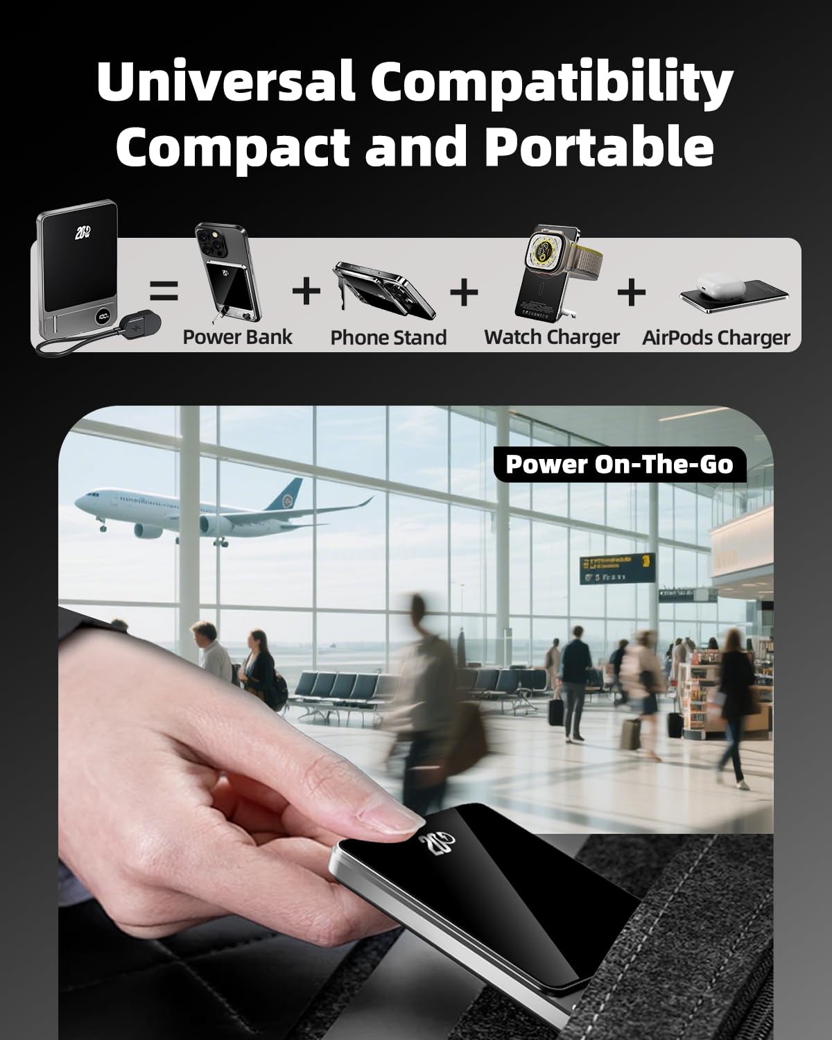 Magnetic Portable Charger 10000mAh 20W PD Fast Charging Foldable Stand & LED Display Magnetic Power Bank,Built-in USB-C Cable Battery Pack Compatible for iPhone 17/16/15/14/13/12 Series (10000mAh)