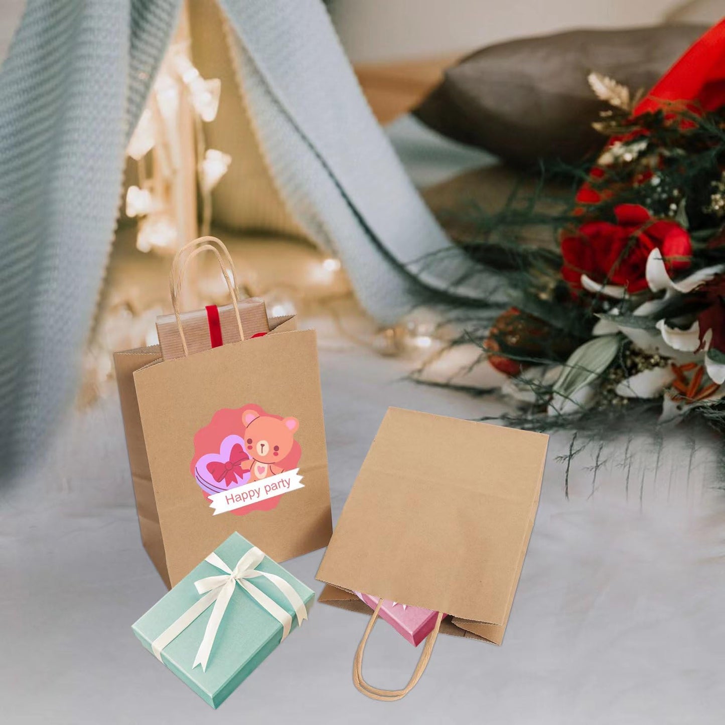 Joybe 100 Pack 5.95x3.25x8 Inch Small Brown Paper Bags with Handles Bulk, Kraft Paper Gift Bags for Birthday Party Favors Grocery Retail Shopping Business Goody Craft Sacks (Plain Natural, 100pcs)