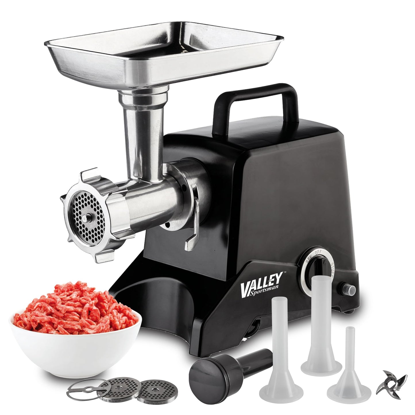 Valley Sportsman Electric Meat Grinder - Meat Grinder Machine with Stainless Steel Blades and 3 Grinding Plates, Heavy Duty Meat Mincer, Sausage Stuffer Maker for Home Use, Black