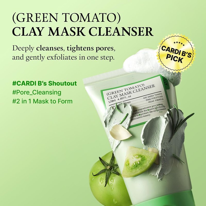 FULLY Green Tomato Pore Cleanser, Cardi B’s Clay Mask Cleanser for Deep Pore Cleanse & Pore Minimizer, Blackhead & Sebum Control, Gentle Face Wash for Women, Korean Skincare