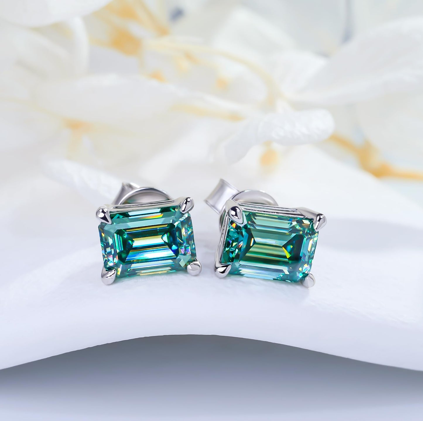 GIGAJEWE Blue Green Color Moissanite Stud Earrings Radiant Cut Moissanite Earrings 2.0ct/pair,18K Gold Plated 925 Steling Silver, Stud Earrings For Women (Emerald-Cyan)
