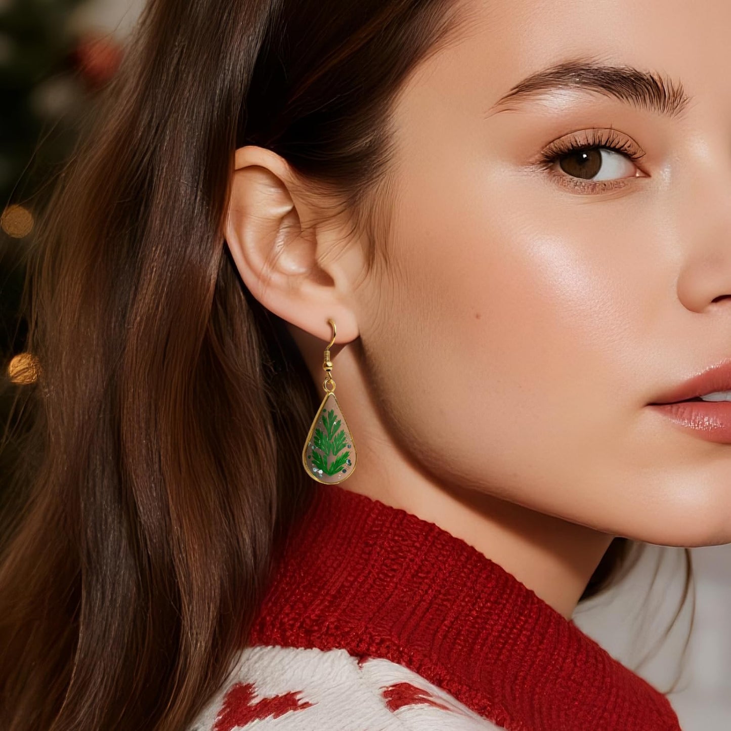 Jean Beau Handmade Pressed Leaf Earrings for Women, Unique Resin Green Dried Leaves Gold Plated Teardrop Dangle Drop Nature Floral Earings Fashion Summer Jewelry Gift