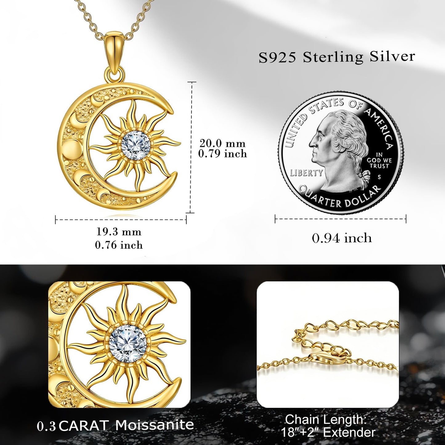 SOACAE Moissanite Moon Sun Necklace 925 Sterling Silver 0.5ct Lab Created Moissanite Pendant Sun and Moon Jewelry Gifts for Women