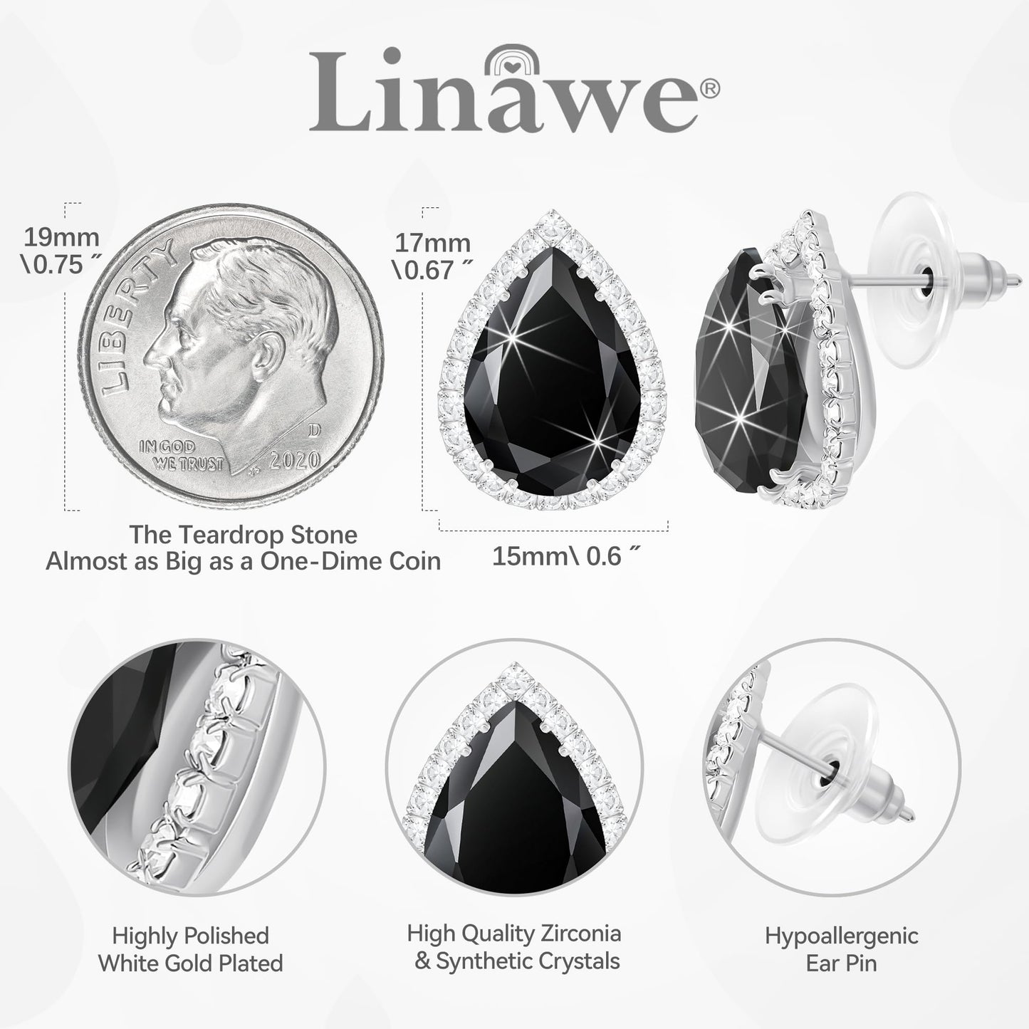Linawe Black Silver Stud Earrings for Women, Imitation Diamond Cubic Zirconia Teardrop Rhinestone Crystal Earrings Studs, Cartilage Statement Unique Dainty Costume Jewelry Vintage