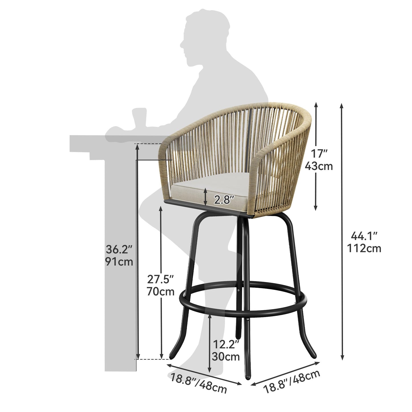 YITAHOME Counter Height Bar Stools Set of 4, Outdoor Bar Stools with Soft Cushions, Patio Rattan Swivel Bar Chairs for Backyard Poolside, Garden w /360 Rotation (Beige)