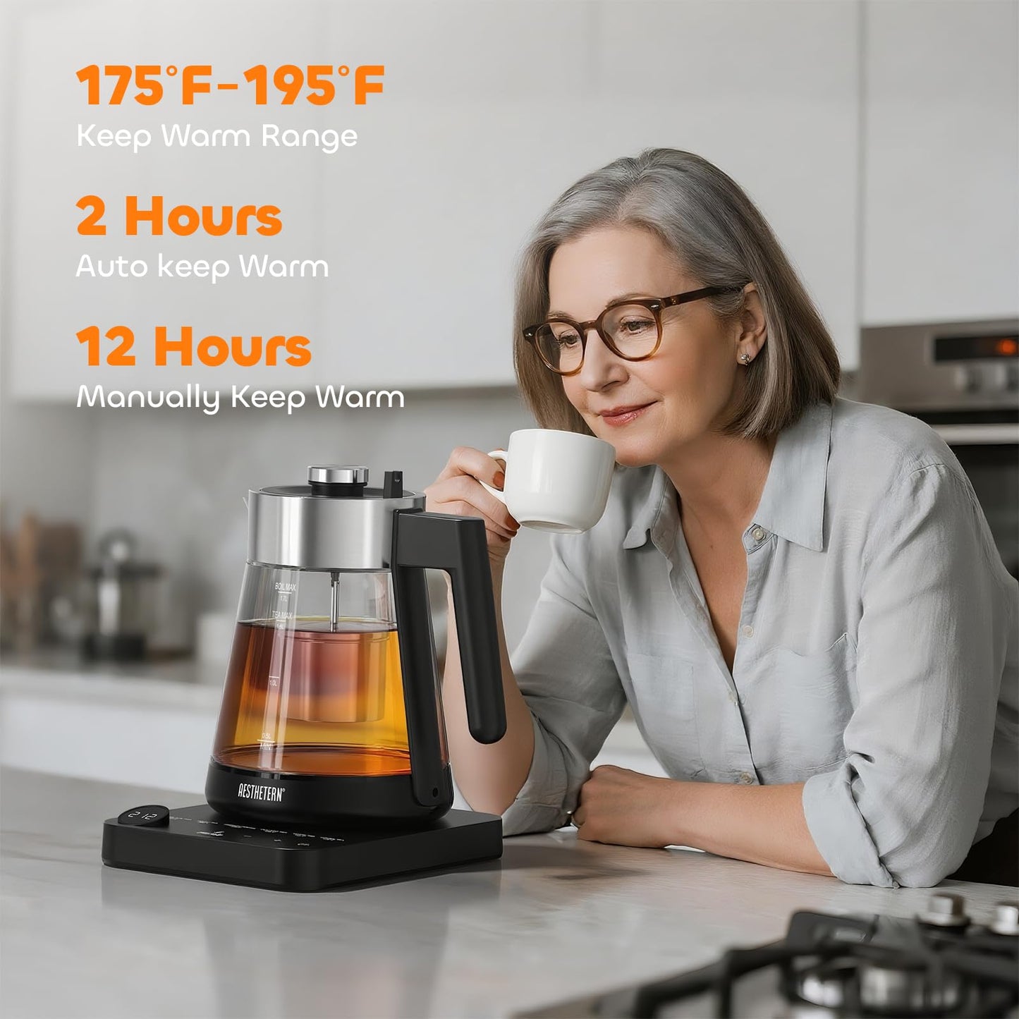 Aesthetern Electric Tea Kettle with Infuser 1.7L Glass Electric Kettle with Temperature Control Automatic Shut Off 12H Keep Warm for Tea Coffee Water Heater, Black
