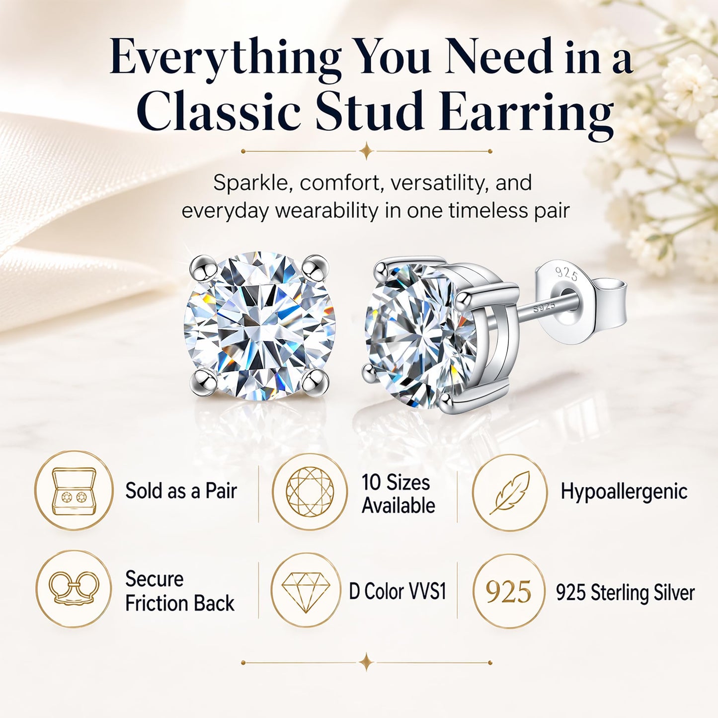 Impalsory Moissanite Stud Earrings 3.0CT 9mm for Women Men, 925 Sterling Silver Hypoallergenic Earrings, 18K White Gold Plated, Secure Friction Back, Brilliant Round Cut D Color VVS1