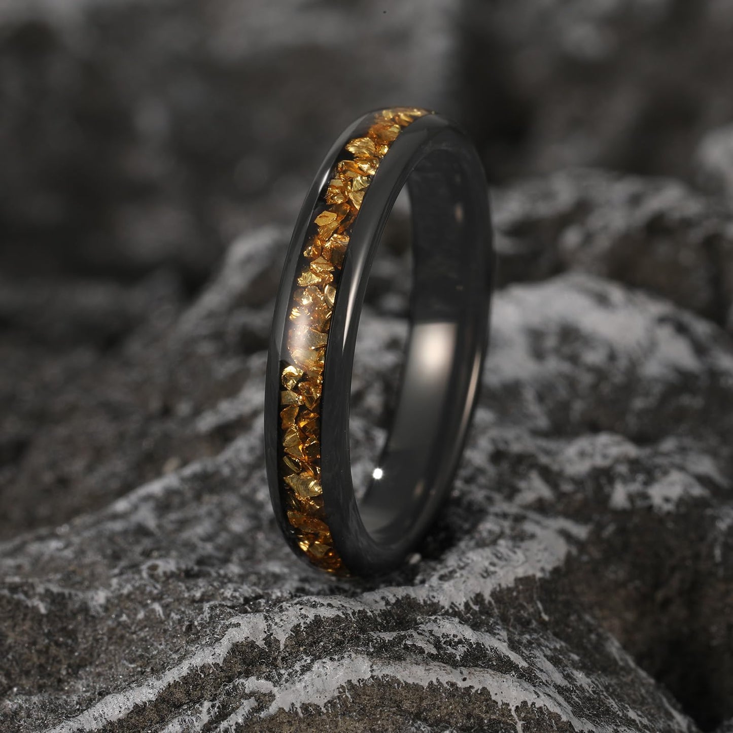 NUNCAD Women's Tungsten Rings 4mm Black Wedding Band Inlaid with Citrine Center Polished Domed Comfort Fit Size 8