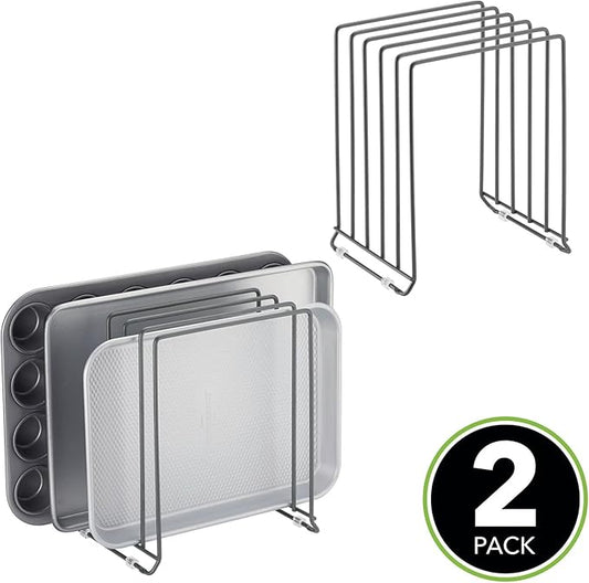 mDesign X-Large Steel Storage Tray Organizer Rack for Kitchen Cabinet, Divided Holder - 5 Slots for Skillets, Frying Pan, Pot Lids, Cutting Board, Baking Sheets, Concerto Collection, 2 Pack, Dark Gray
