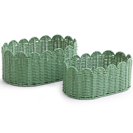 2 Pcs Large Scalloped Storage Baskets, Sage Green Woven Wicker Nursery Organizer Bins for Baby Gifts, Living Room Decor, Bathroom & Toy Storage, 16 x 10 x 7" & 14 x 8 x 6"