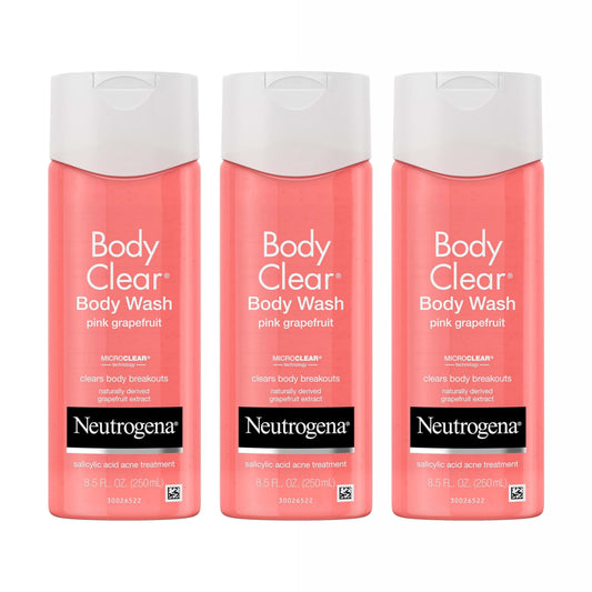 Neutrogena Body Clear Acne Body Wash Pink Grapefruit - Salicylic Acid Formula for Breakout Treatment, Exfoliating Cleanser for Clear Skin, 8.5 fl. oz. Bottle, 3-Pack