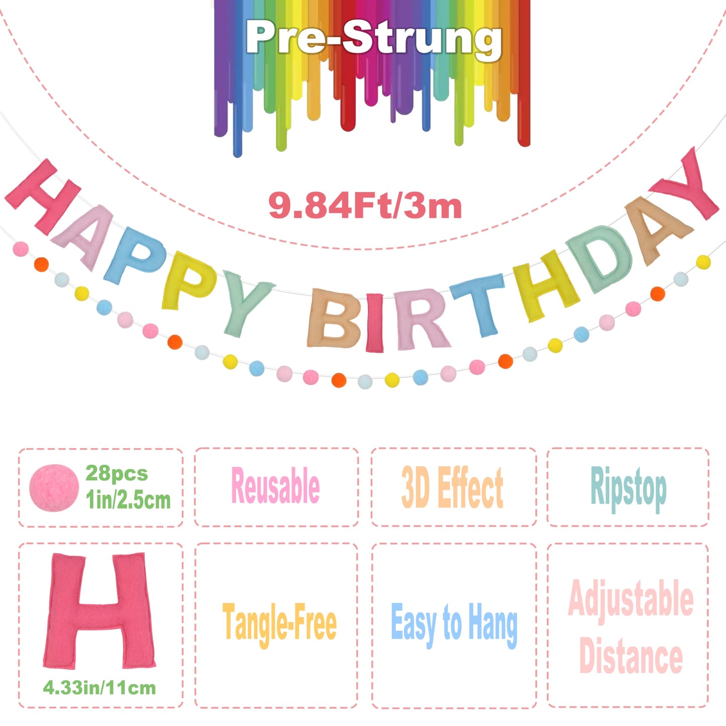 2 PCS Pre-Strung 3D Felt Happy Birthday Banner - Reusable Rainbow Happy Birthday Decorations Sign, Felt Ball Garland, Pom Pom Garland, Party Decor, Photo Prop (MACARON)