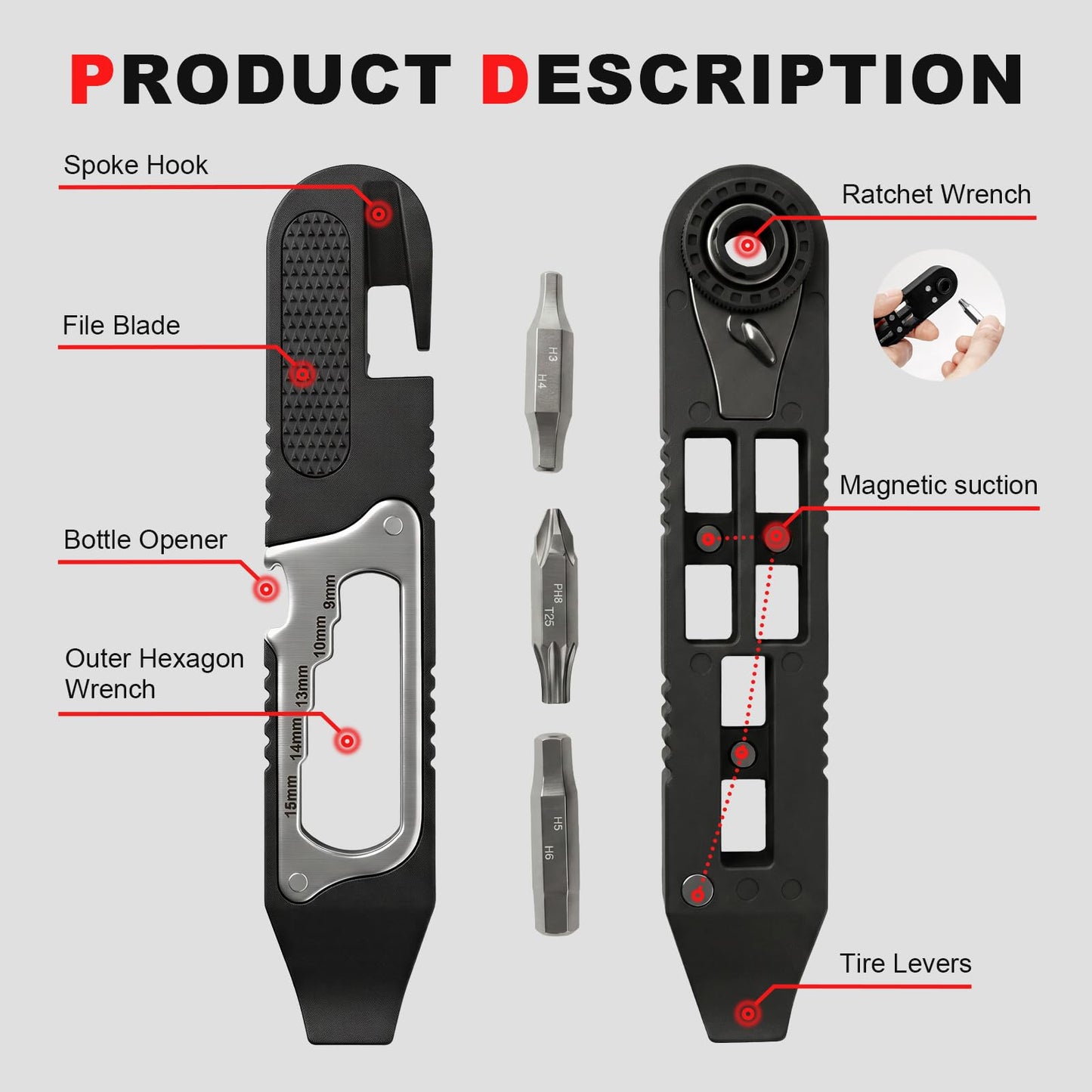 EMERK Bike Tire Levers Kit - 14 in 1 Portable Bike Multitool with Mini Ratchet Wrench, Bike Tire Levers, Cone Wrenches & File Blade for MTB, Road Bicycle