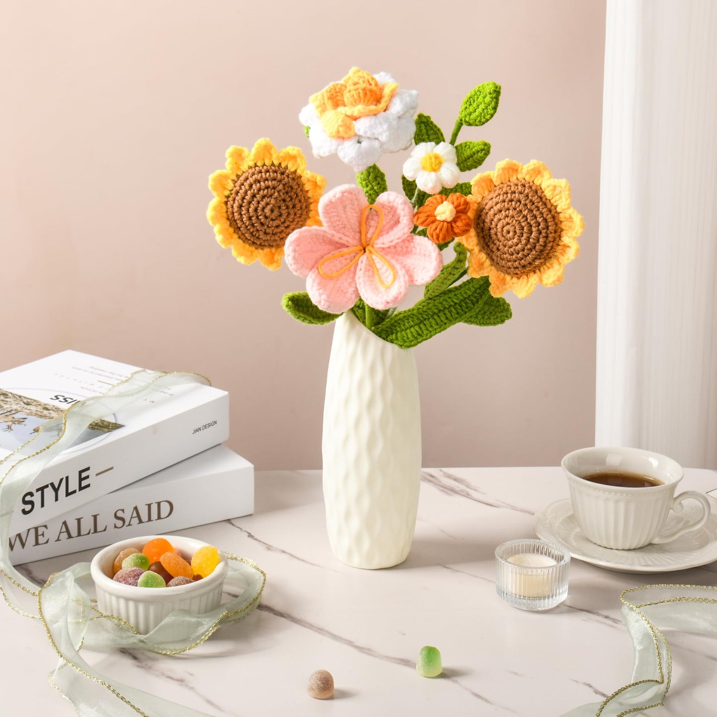 Gouraml Crochet Flower Bouquet, Orange Crochet Flowers for Mother's Day, Crochet Sunflowers Tulips Roses Bouquet for Valentines Day, Weddings Birthdays Home Decor Gift for Women Moms Wife Friends