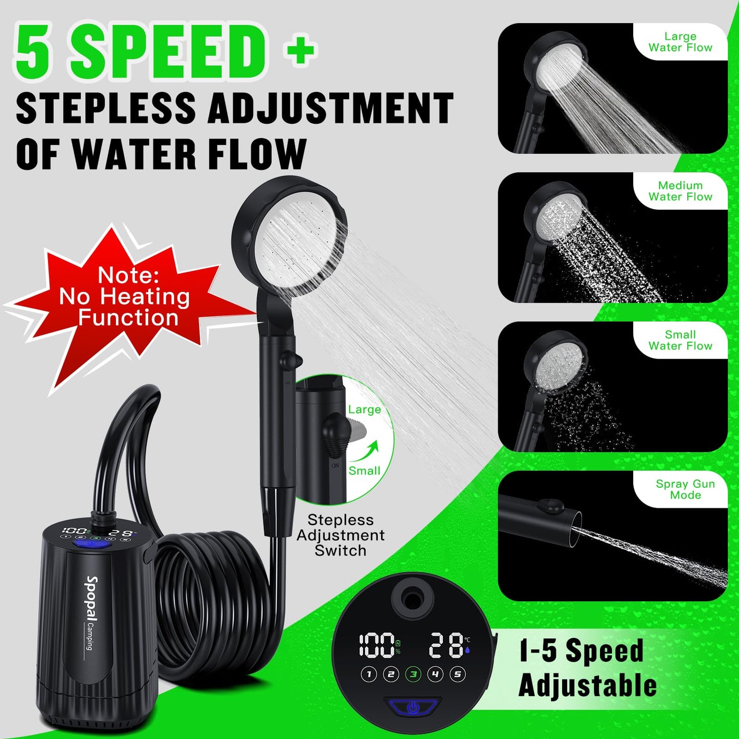 Spopal Portable Camping Shower, [10000mAh Rechargeable], 5-Speed with Collapsible Bucket with Handle 20L, IPX8 Waterproof, LED Display Camp Shower Pump, Perfect for Hiking, Travel, Cars & Pets