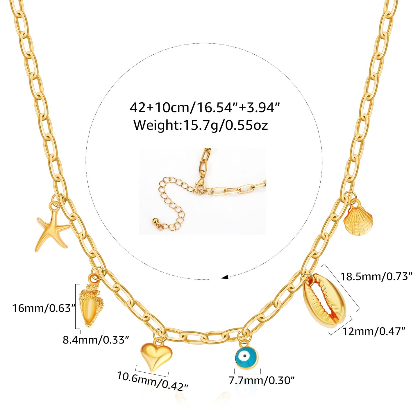 MISS RIGHT Charm Necklace for Women, Dainty Gold Evil Eye Ojo Heart Starfish Seashell Shell Charms Pendant Necklace Paperclip Chain Summer Beach Choker Necklace Jewelry Gifts