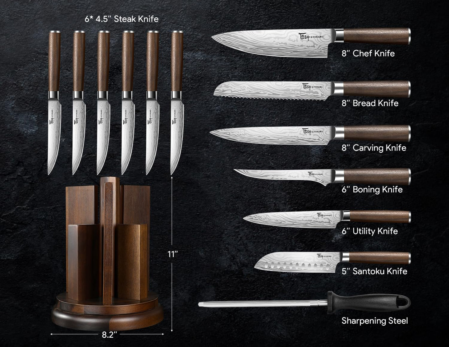 SYOKAMI Kitchen Knife Set with Magnetic Block and Sharpener 14 Piece Knife Set 360° Rotatable Holder Ultra Sharp High Carbon Stainless Steel Knives Sets with Steak Knives, Ideal Gift
