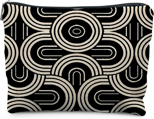 Abstract Beige and Black Makeup Bag, Modern Minimalist Art Deco Cosmetic Bags for Women, Mid Century Modern Zipper Makeup Pouch