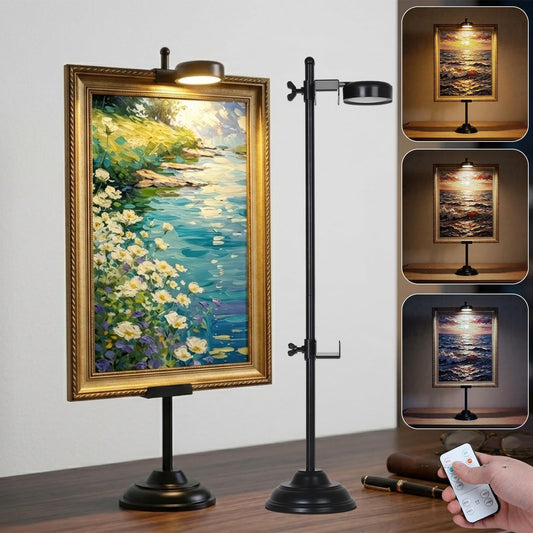 Adjustable Tabletop Easel Stand with Magnetic Wall Painting Light,Black Picture Frame Holder Stand Holds Picture Frames up to 29 Inch,Picture Easels for Display with Dimmable Frame Light (1 Pack)