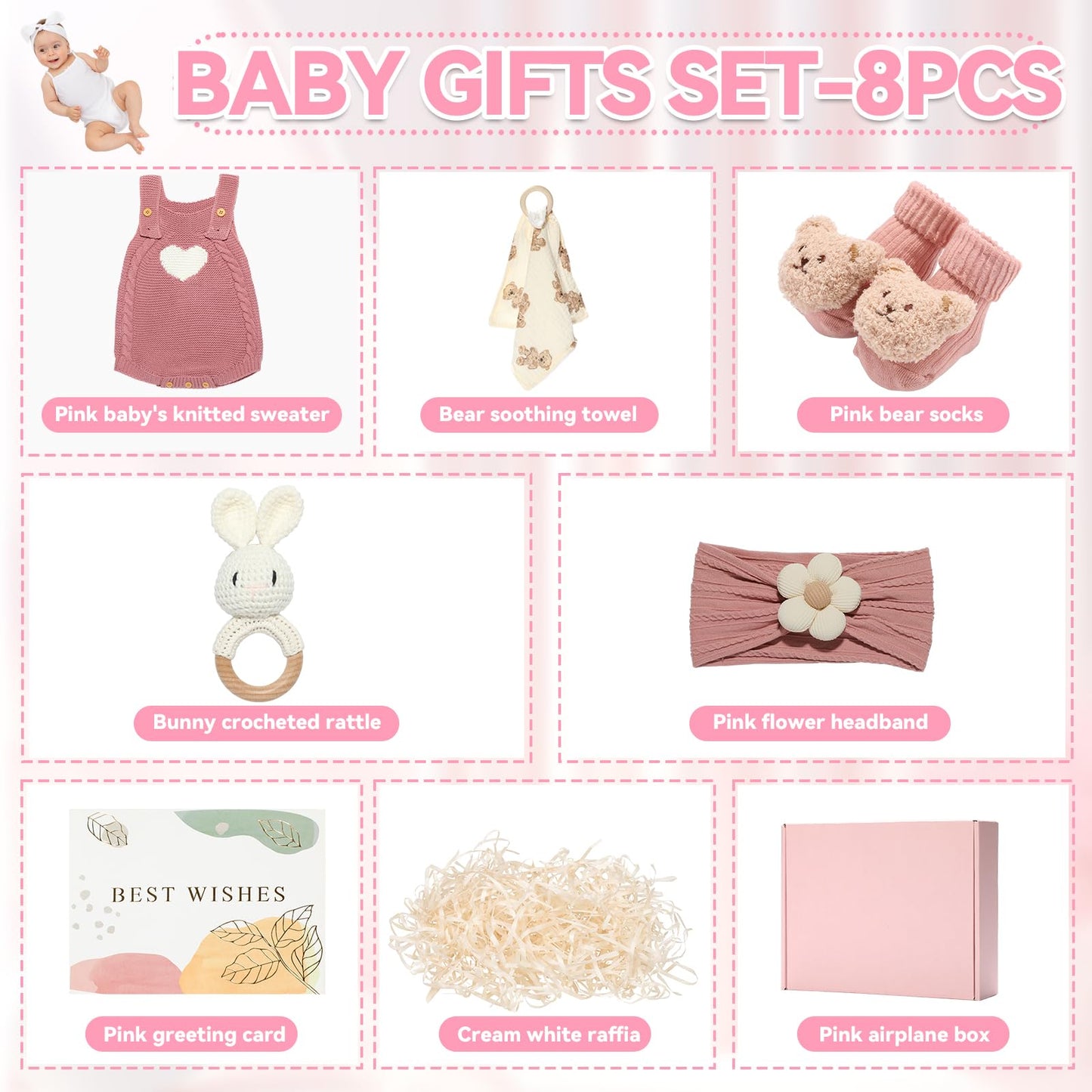 Gift Set for Newborn Shower Gifts Basket Pink New Born Essentials with Knitted Sweater Infant Rattle Socks Bear Blanket Flower Headband Greeting Box for Babies Gender Reveal Party