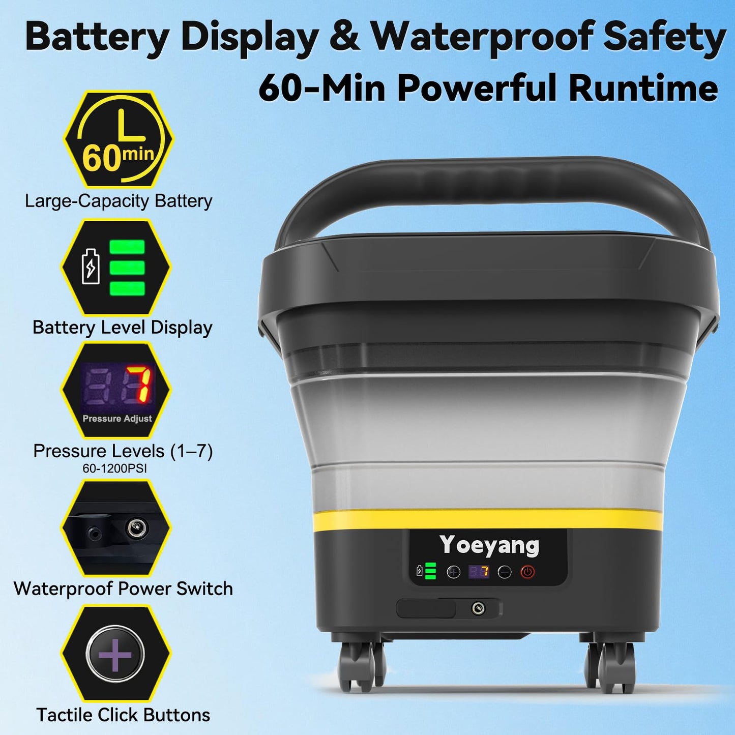 Portable Cordless Pressure Washer with Tank: 1200 PSI Foldable Power Washer – 3.4 Gal Tank, 7-Level Adjustable Sprayer & 360° Nozzle – Compact Electric Cleaner for Car, Garden, Patio, Camping