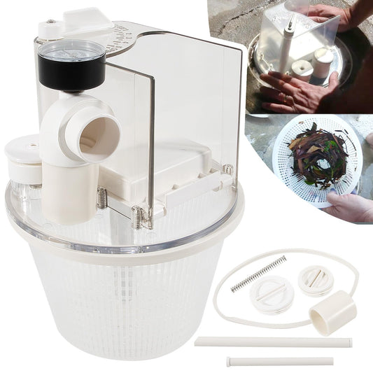 R211100 Vac-Mate Pool Cleaner Dispenser Box – Multi-Function Vacuum Skimmer Attachment – Includes Basket, Pressure Gauge & Easy Install Kit
