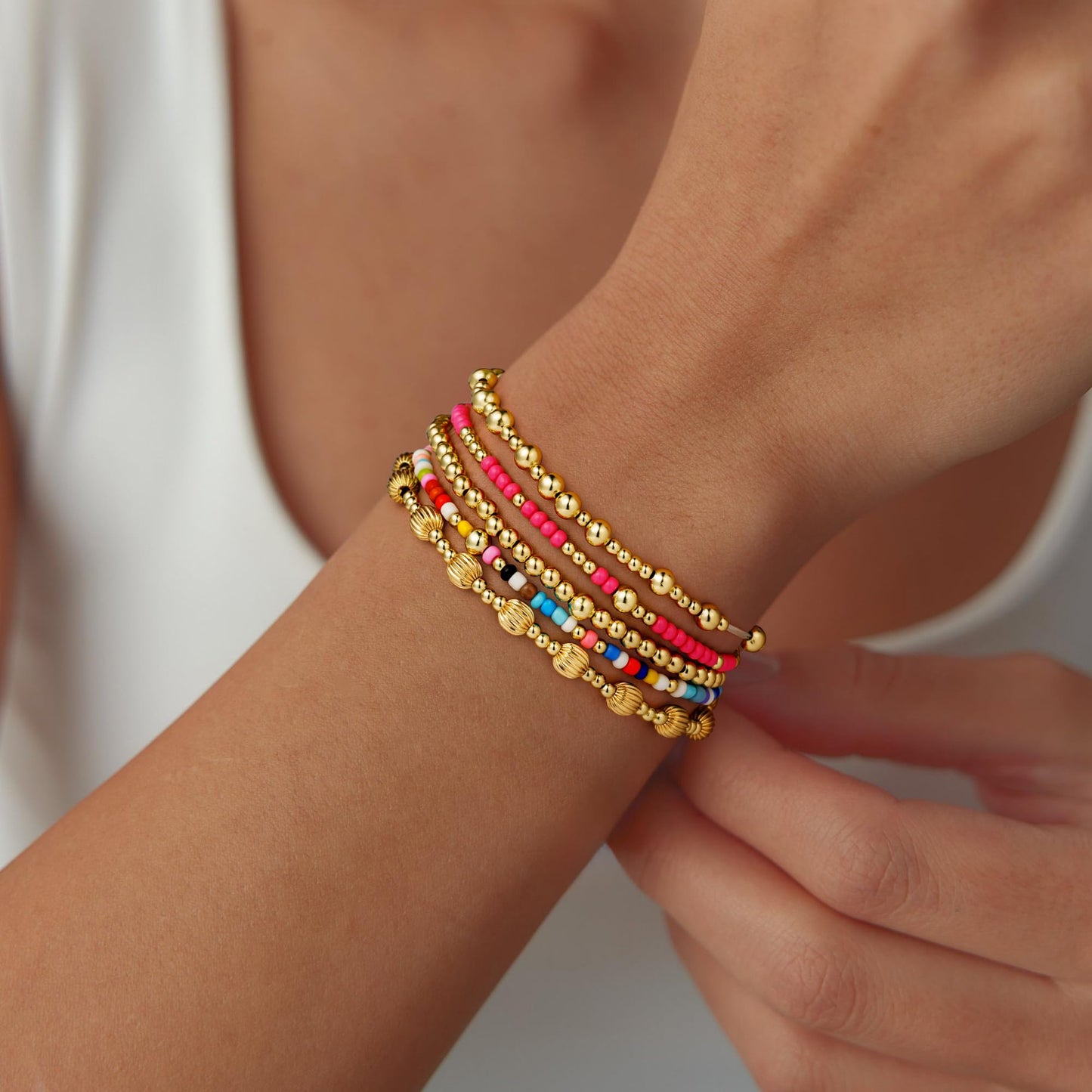 Turandoss Mothers Day Gifts 5PCS Gold Beaded Bracelets for Women - Dainty 14K Gold Plated Bead Ball Bracelets for Women Colorful Beaded Stretch Bracelet Mothers Day Gifts for Mom Daughters