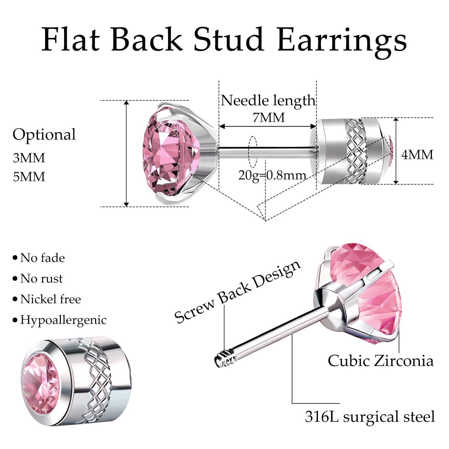 2 Pairs Flat Back Earrings for Women, Nap Earrings as Pink Stud Earrings for Women, Flat Back Stud Earrings for Sensitive Ears Hypoallergenic as Birthday Gifts for Women(3+5mm, Pink)