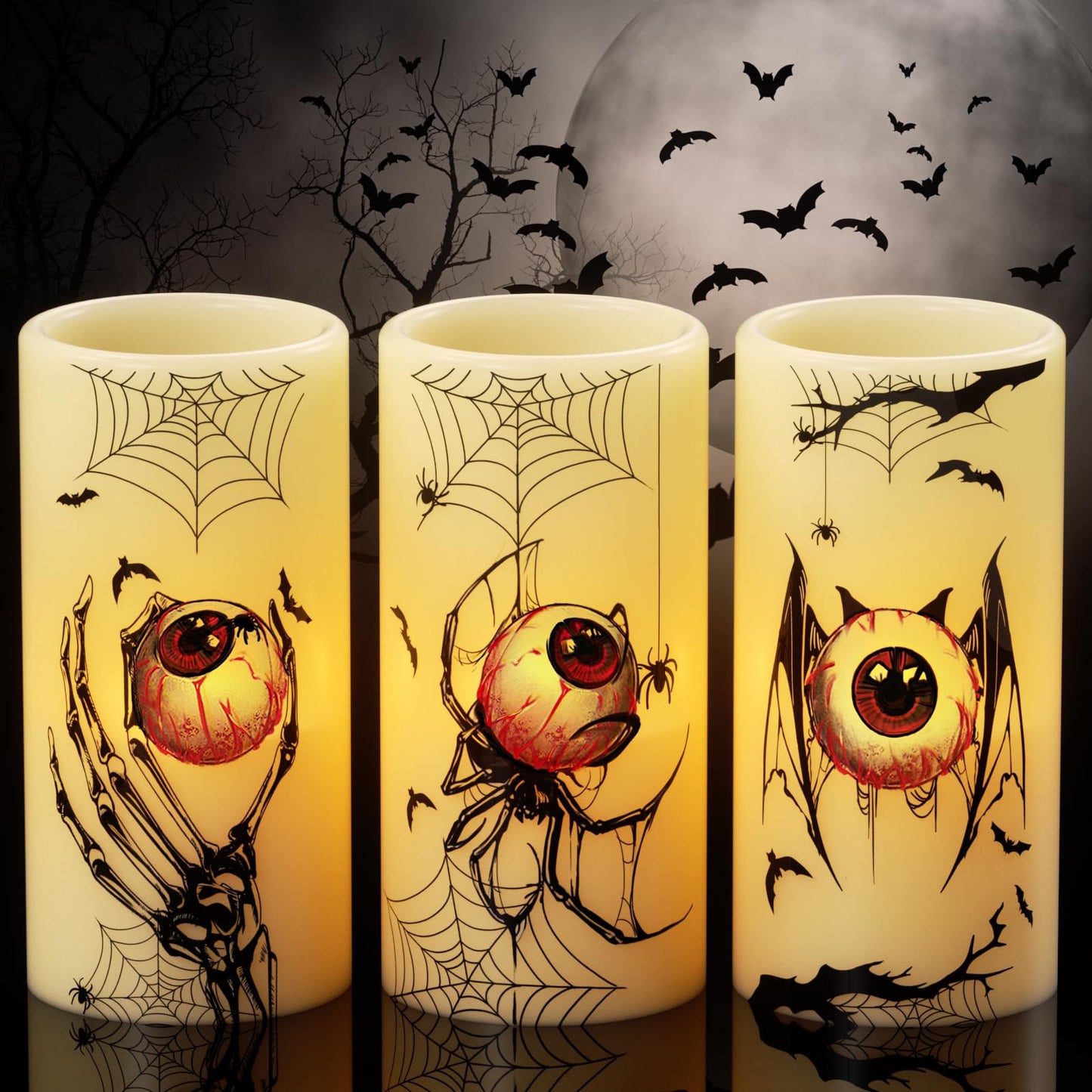 DRomance Halloween Flameless Flickering Candles Battery Operated with Timer, 3 Pack Real Wax LED Pillar Candles Spooky Bloody Eyes Spider Decals Dinner Halloween Decorations Indoor(3" D x 6"" H)"