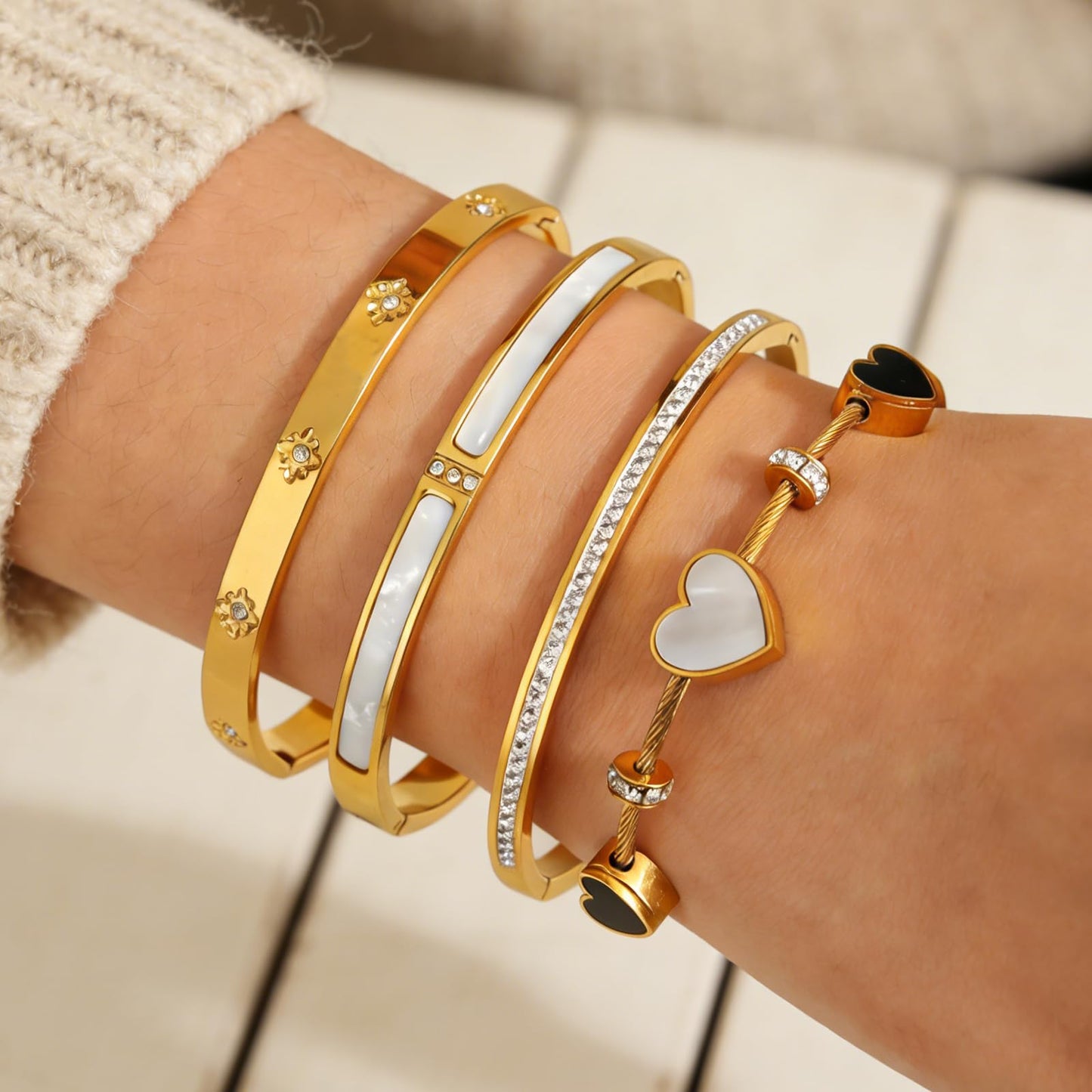 Women's 18K Gold Plated Stainless Steel Bracelet Set (6cm/2.3inch) - Waterproof Delicate Stackable Bangle Set with Mother of Pearl, Heart Design & Cubic Zirconia for Women Jewelry Gifts (4pcs Bracelet Set A)