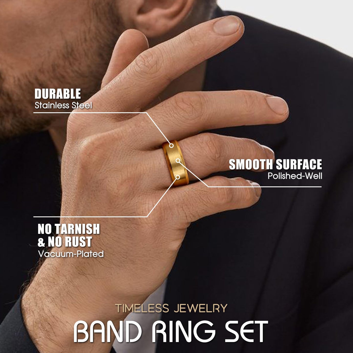 Jstyle Stainless Steel Rings for Men Women 8MM Wedding Band Rings Matte Surface - Beveled Polished Edge Mens Ring Size 10 18K Gold Plated Ring for Men