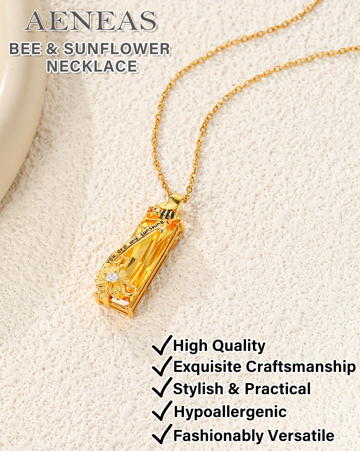 AENEAS Valentines Day Gifts for Women Her Bee Necklace 925 Sterling Silver Gold Plated Sunflower Pendant Citrine Honey Bee Jewelry You Are My Sunshine Necklace for Women Wife Her