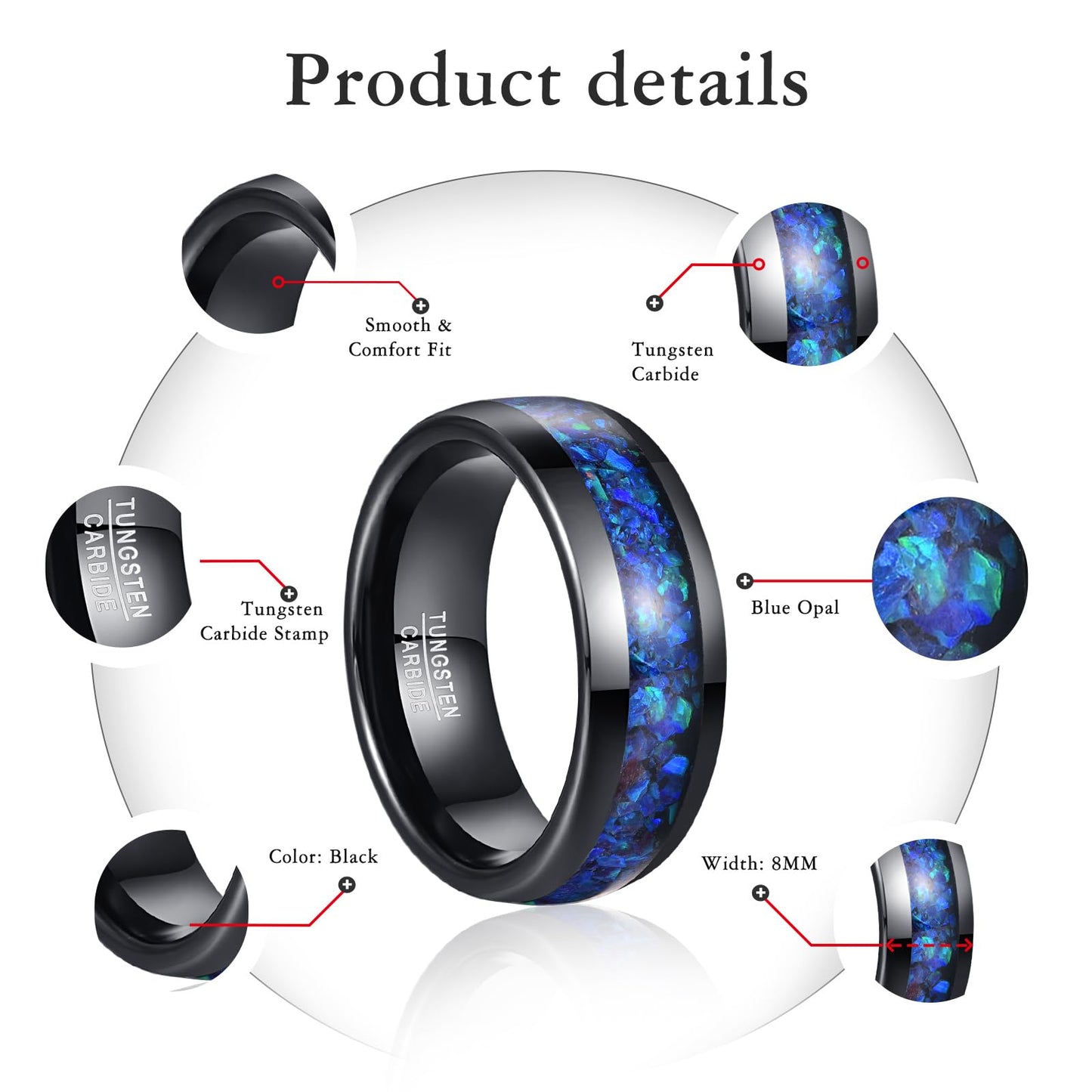 NUNCAD Mens Tungsten Wedding Bands Blue Opal Inlaid Men Black Ring Wedding Ring Dome Polished Finish 8mm Comfort fit Sizes 11