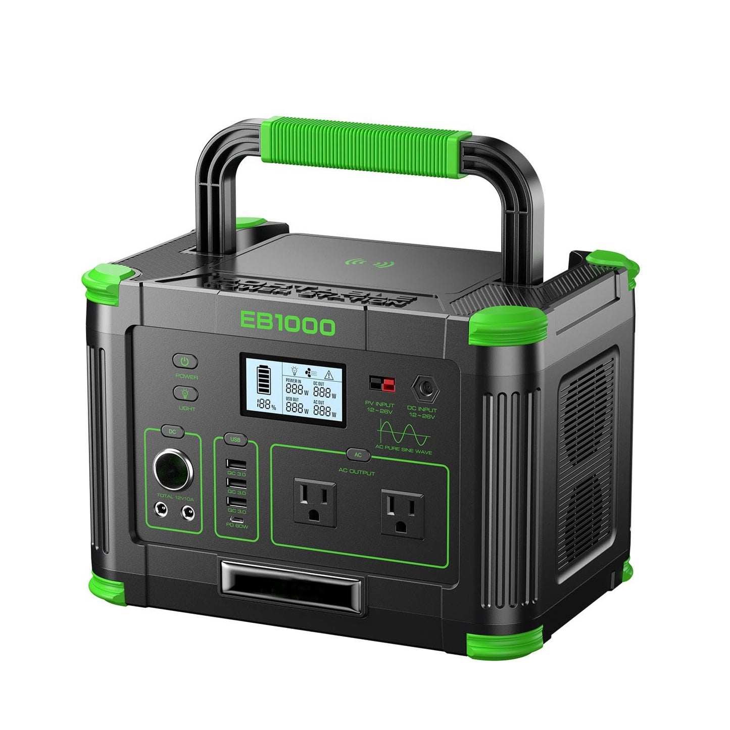 1000W Solar Generator 999Wh, Portable Power Station with 60W USB-C PD Output, 110V Pure Sine Wave AC Outlet Backup Lithium Battery for Outdoors Camping Travel Hunting Home (Peak 2000W)