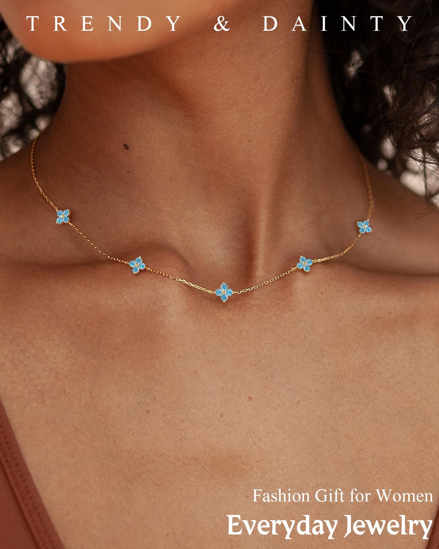 ZHESHY Birthstone Gold Necklace for Women Dainty Non Tarnish 14K Gold Plated Diamond Choker Necklaces Clover Cubic Zirconia Necklace Birthday Valentine's Day Gifts Womens Prom Gold Jewelry