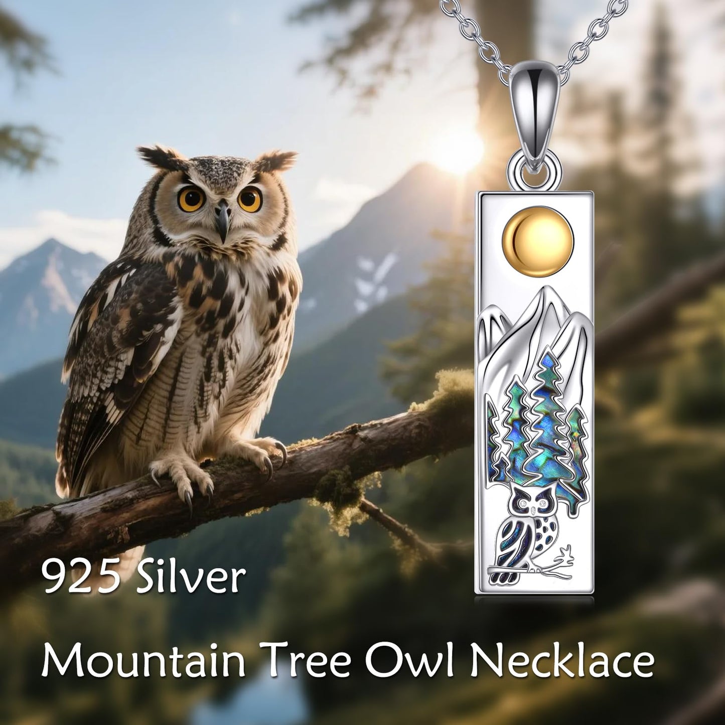 YFN Mountain Owl Necklace for Women Sterling Silver Nature Jewelry Gift for Skiers, Hikers, Campers, Climbers and Nature Lovers